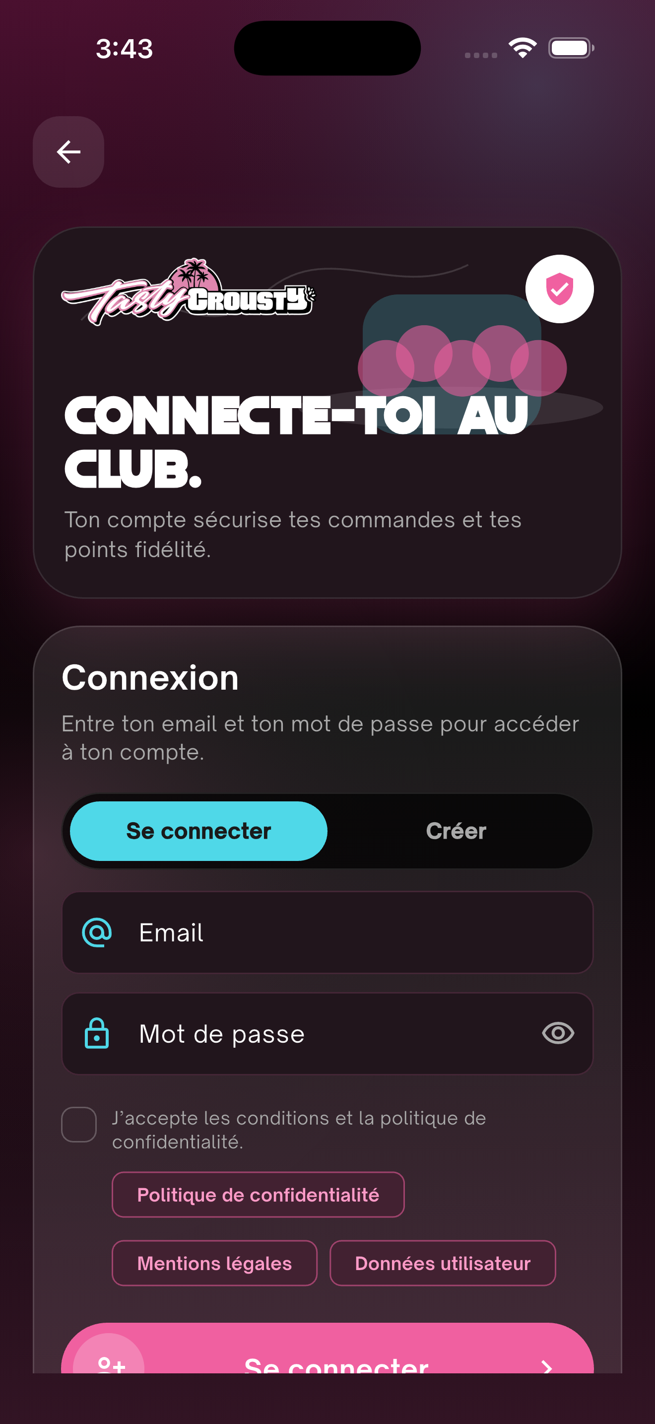 Ecran de connexion reel de l'application Tasty Crousty
