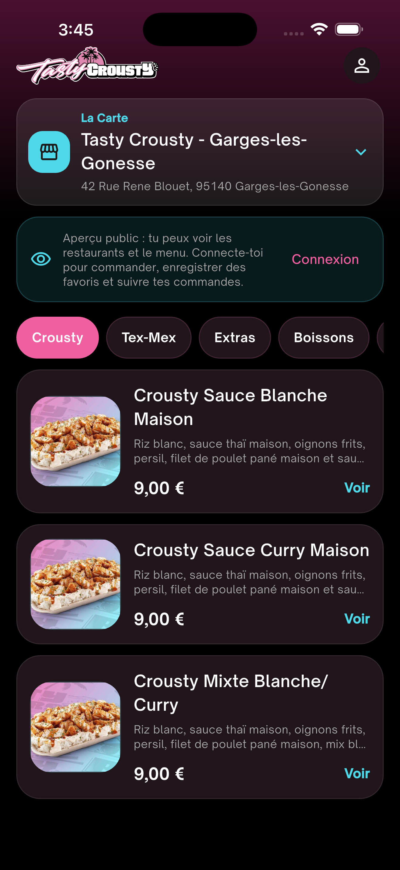 Menu reel de l'application Tasty Crousty sur iPhone