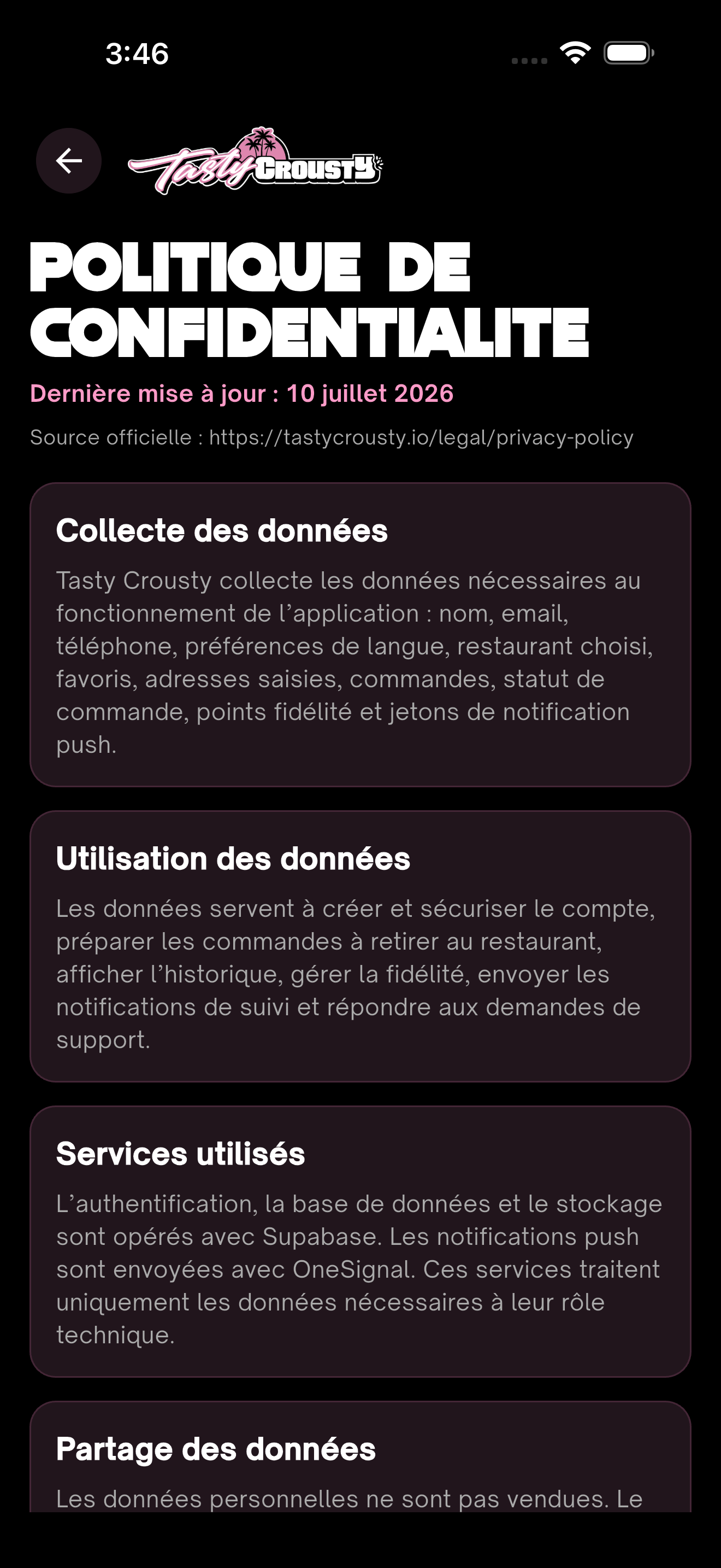 Ecran confidentialite de l'application Tasty Crousty