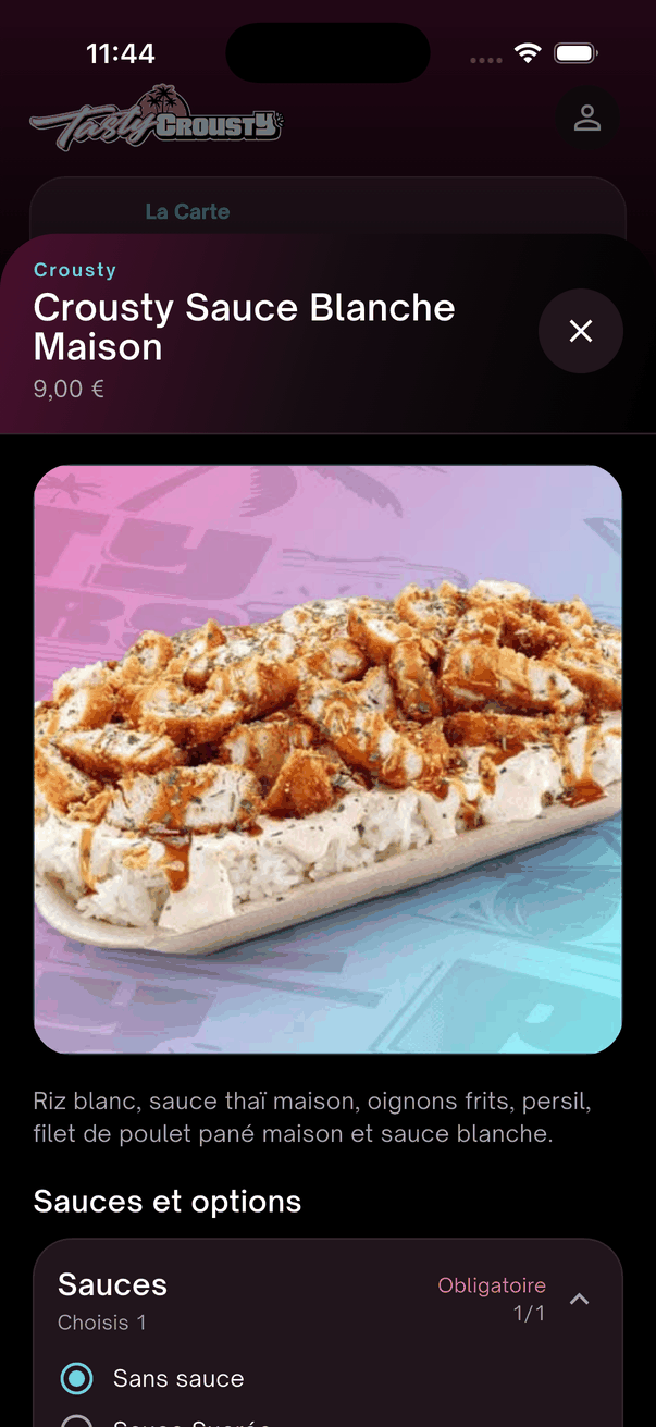 Fiche produit avec sauces et options dans l'application Tasty Crousty