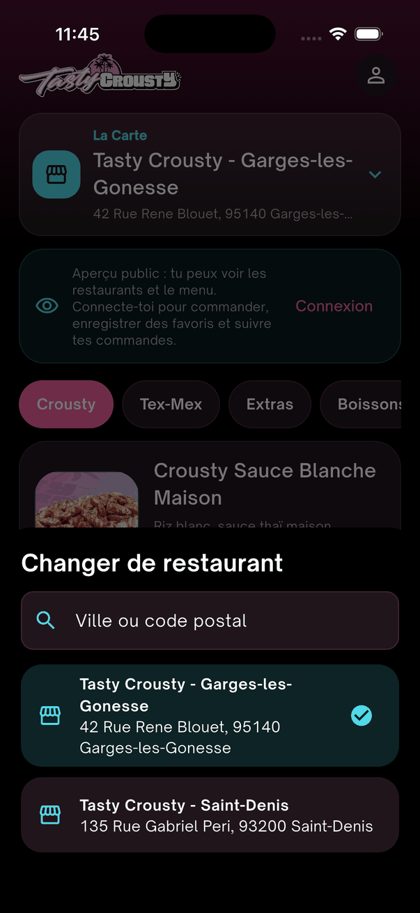 Sélecteur de restaurant dans l'application Tasty Crousty