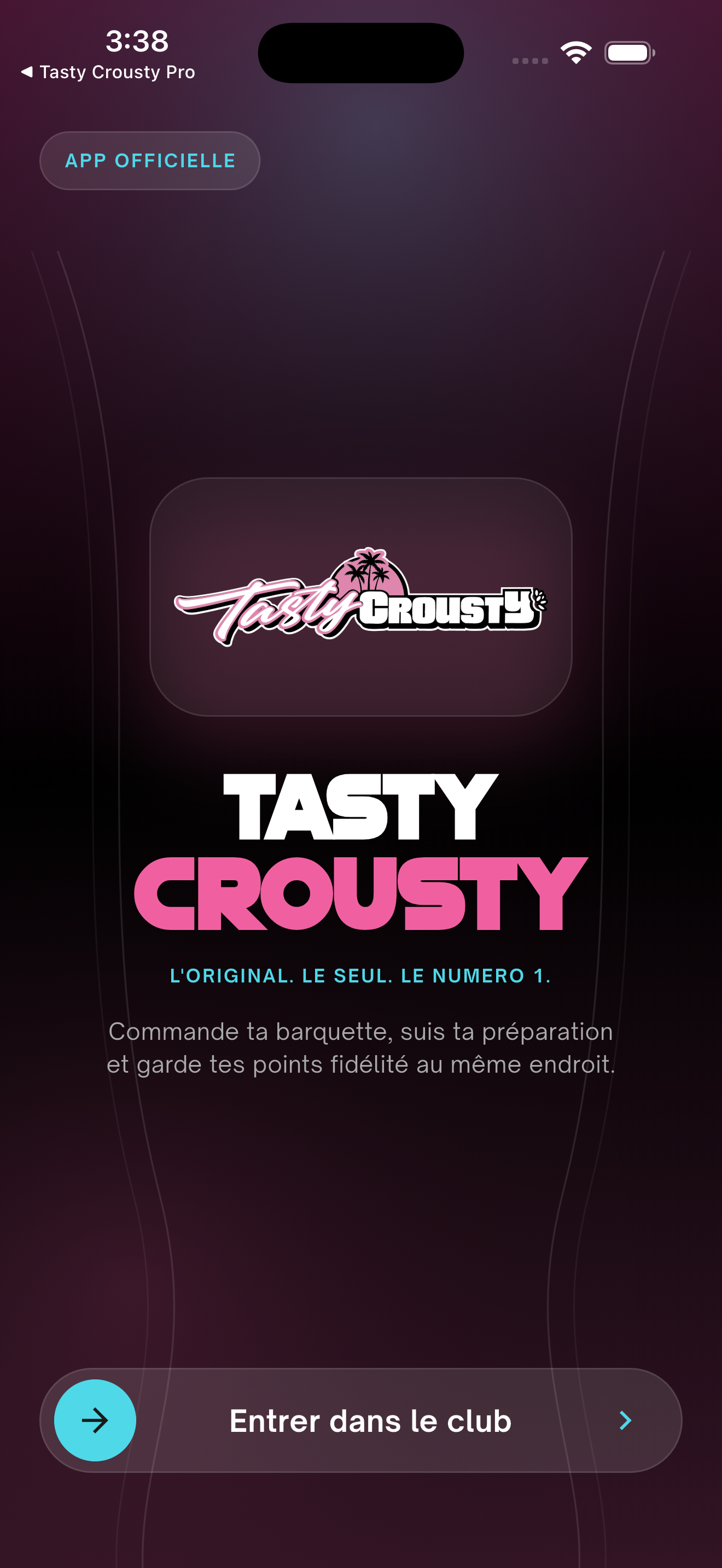 Ecran de lancement de l'application Tasty Crousty